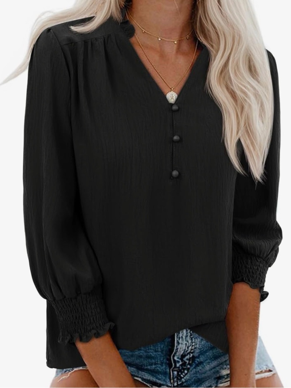 Black Women's Smocked 3/4 Sleeve V-Neck Blouse NWT